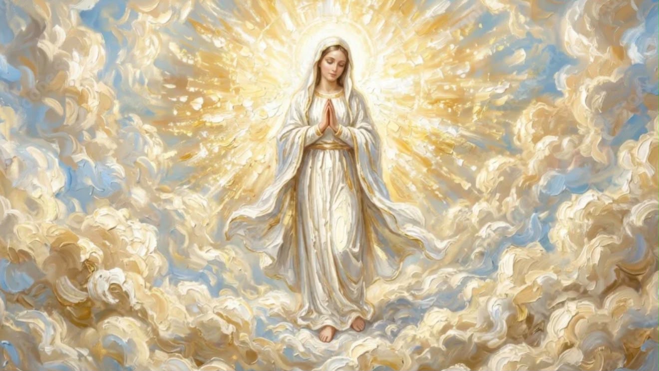 The Virgin Mary praying among luminous clouds
